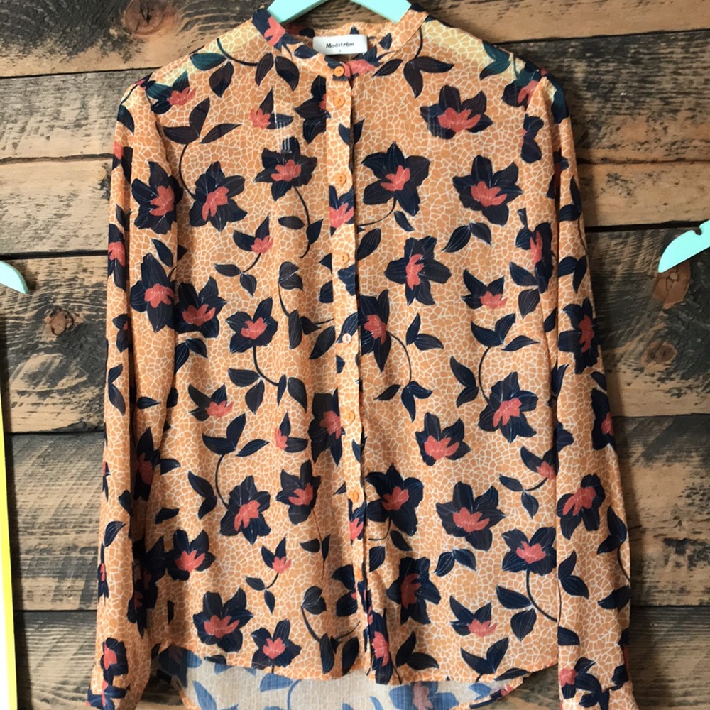 MODSTROM Mandarin Collar Floral Blouse Small Scandinavian Button Down Shirt